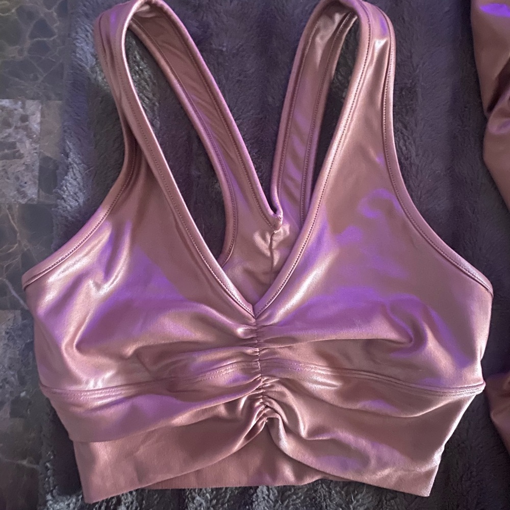 ALO Yoga Rose Gold Ruched Leggings & Sports Bra Set - Picture 2 of 3